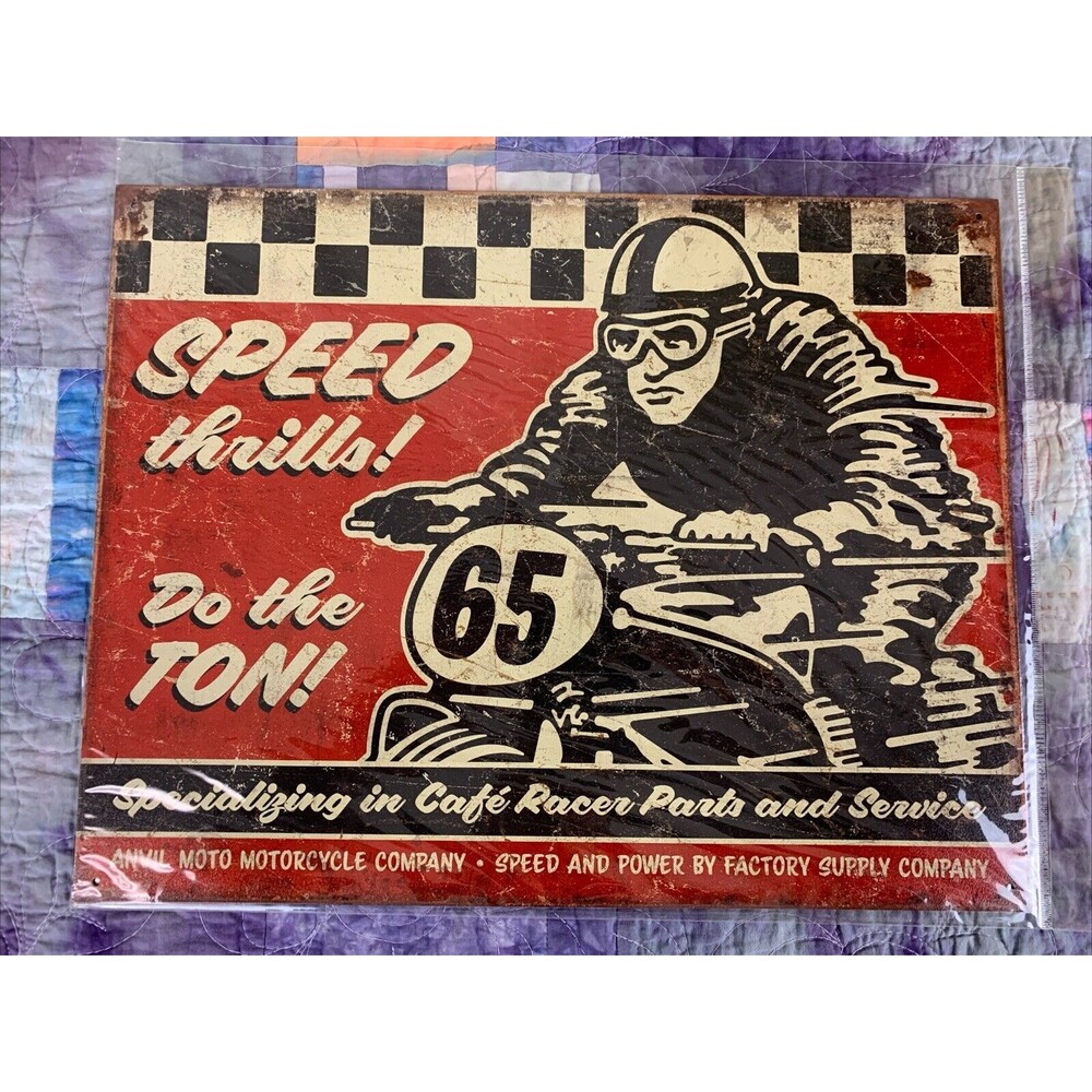 Speed Thrills Anvil Moto Metal 16x12.5 Sign Wall Decor Motorcycles Garage Shop